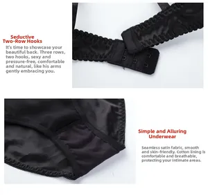 Détails de lingerie en satin montrant les agrafes à 3 rangées et l'entrejambe en coton