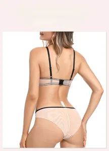 Detailed back view of a sheer mesh lingerie set with contrast piping and slim straps