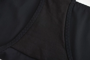 Close-up of mesh stitching and fine triangular edging on black seamless lace underwear