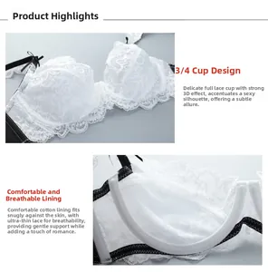Detail of 3/4 ultra-thin white lace bra cups with breathable cotton inner lining
