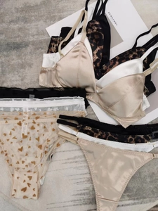 French triangle cup bra and panty sets in silk satin, lace, and leopard prints