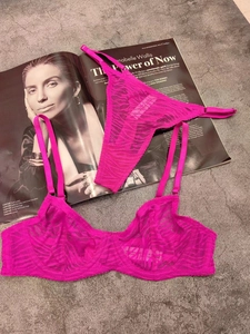 Flat lay of pink mesh lace lingerie set on a magazine with sheer bra and thong detail