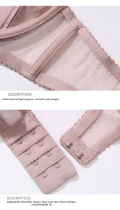 Detail view of pink lace bra featuring high side mesh panels and four-row hook-and-eye closure