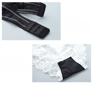 Lace lingerie detail showing three-row hook closure and soft cotton crotch lining
