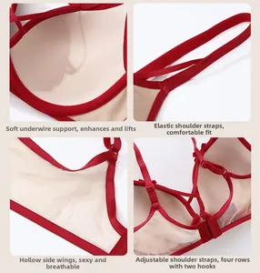 Détails du soutien-gorge en dentelle rouge avec armatures souples et bretelles réglables