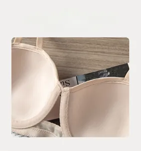 Detail view of seamless beige bra showing inner breathable fabric and fine stitching