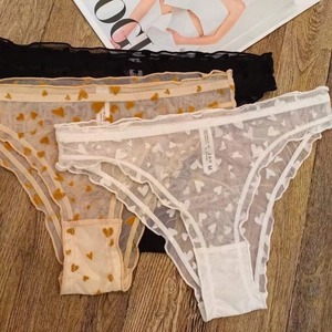 Women Sexy Low Waist Lace Panties Heart Flocking Mesh Ruffle Edge Sheer Briefs Nylon Polyester Breathable Cotton Gusset Lingerie