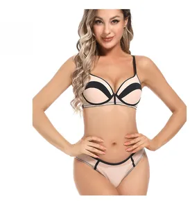 Detail view of seamless push-up bra and panty set with contrast black trim in beige