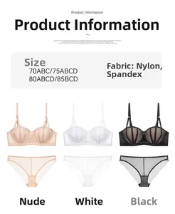 Detailed view of seamless contrast stripe bra set with breathable mesh lace panties
