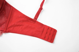 Detail of red lace bra back featuring breathable mesh and adjustable three-row hook closure