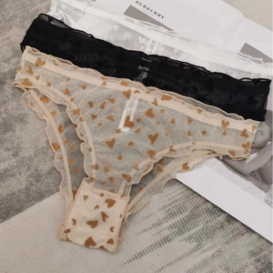 Three-pack low-rise lace mesh panties with heart print and ruffled edges for women