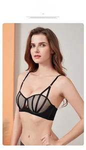 Detail of black cage bra with sheer mesh cups and adjustable straps for a sexy look