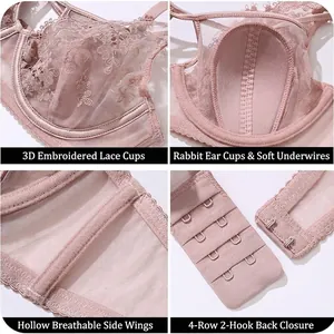 Pink French lace bra with rabbit ear cups and embroidery detail in four-view collage