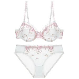White lace lingerie set with pink floral embroidery and sheer mesh fabric