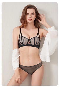 Detail of black sexy lingerie set featuring mesh panels and geometric lace design