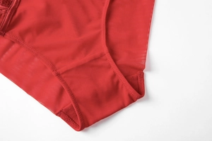 Detail shot of breathable red mesh fabric and reinforced stitching for lingerie