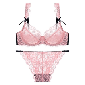 French Sexy Ultrathin Lace Bra Top And Bottom Embroidered Transparent Bow Lingerie Set For Large Chest Women Underwear