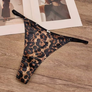 Sexy leopard print satin thong for women with breathable cotton crotch and sleek T-back style