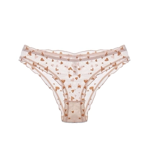 Pink sheer mesh lace panties with bronze heart print and cotton crotch for women