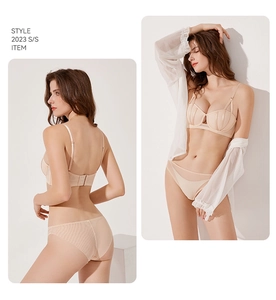 Detailed front and back view of beige push-up lingerie set with pleated cup design