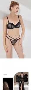 Close-up of black lace push-up bra and hollow thong set with geometric straps