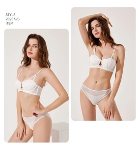 Detailed view of sexy white lingerie set with decorative straps and breathable mesh