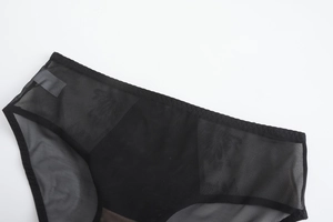 Detail of black sheer mesh panties with delicate stitching and transparent panels