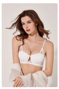 Close-up of white push-up bra featuring vertical ribbed texture and triangle cutout detail
