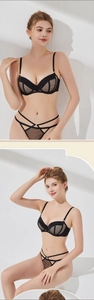 Detailed view of black lace and nude mesh push-up lingerie set with sheer embroidery
