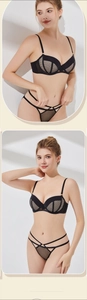 Detailed view of black lace lingerie set with beige mesh and gold hardware on model