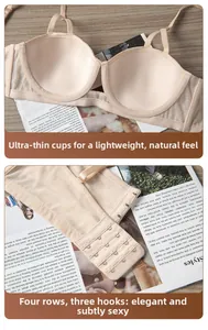 Detail of nude wireless bra showing ultra-thin inner cups and four-row hook-and-eye back closure