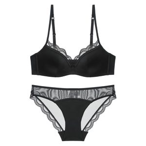 French style black lace lingerie set with silk-finish bra and matching mesh panties