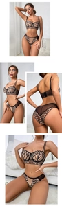 Detail of sheer black lace embroidery on mesh lingerie set with floral patterns