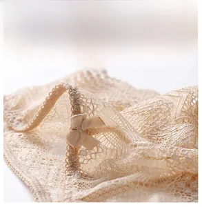 Detailed close-up of beige floral lace fabric and delicate bow knot on the seamless waistband