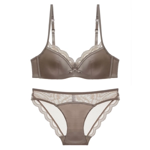 Lace and satin lingerie set in mocha brown with thin cups and elegant mesh detailing