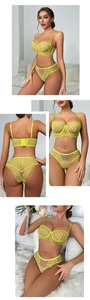 Detailed shots of neon green lace lingerie with circular embroidery and mesh texture