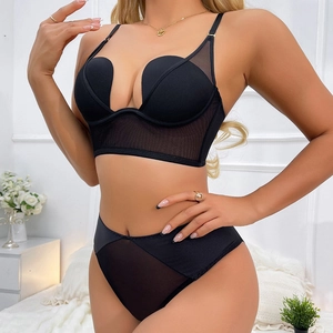 Ensemble de lingerie push-up dos nu en U noir avec empiècements en résille