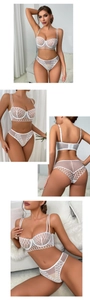 Detailed views of white lace lingerie set with geometric patterns and sheer embroidery