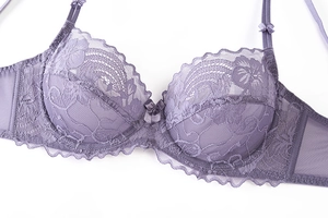 Detail of purple lace bra featuring floral embroidery, mesh wings and satin bows