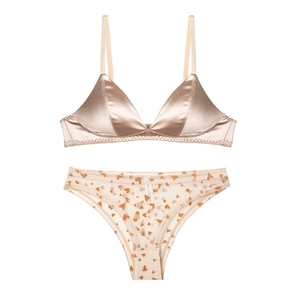 Champagne gold satin lingerie set with wireless triangle bra and heart pattern mesh panties