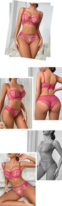Detail of fuchsia embroidered lace lingerie set featuring honeycomb mesh and underwire cup