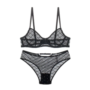 French black lace lingerie set with check pattern mesh bra and matching panty