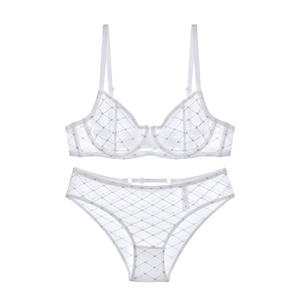 Detail of white mesh lingerie set with plaid pattern and pink dots on the bra and panty