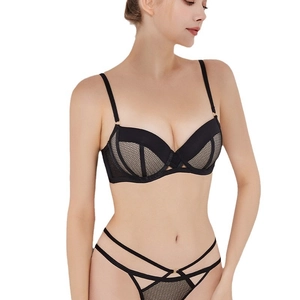 Sexy black lace lingerie set with mesh fabric and gold ring accents for push-up support