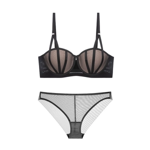 Sexy black lace lingerie set with push-up mesh bra and matching sheer panties