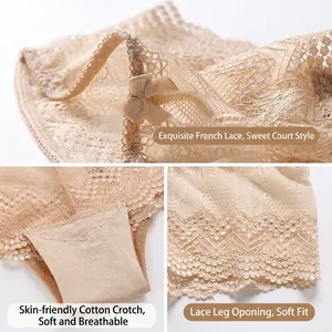 Sexy lace panties for women with mesh bow design and cotton crotch in apricot