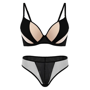 Set lingerie sexy bicolore con reggiseno push-up e slip in pizzo a rete nero