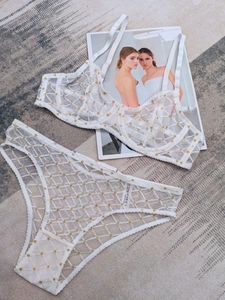 Detail of white lace lingerie set with gold polka dots and breathable mesh fabric