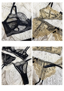 Detailed view of sheer floral lace embroidery and mesh fabric on black sexy lingerie set