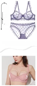 Détail du soutien-gorge en dentelle avec broderie cœur, armature souple et maille mauve